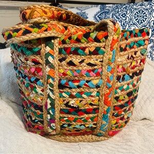 Rainbow Recycled Cloth Jute Tote Shoulder Bag Multi Handwoven Braided Chindi
